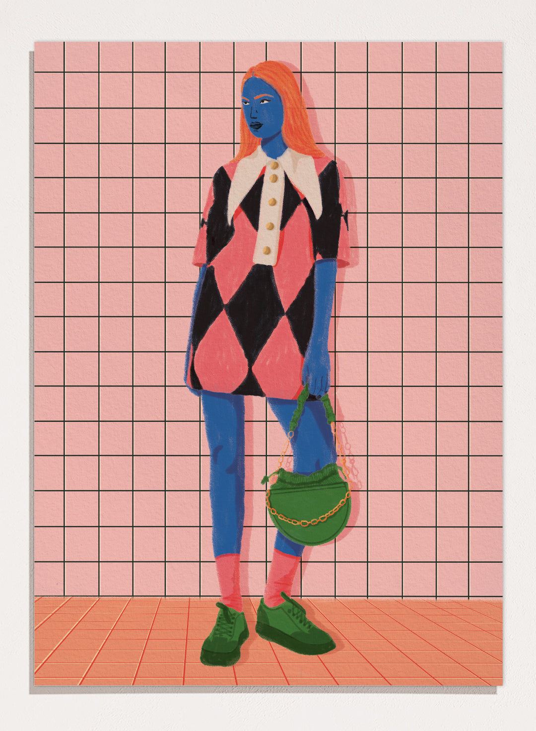 A stylized fashion illustration of a person with blue skin and orange hair, wearing a pink and black harlequin dress with a white collar, blue leggings, green shoes, and carrying a green bag, set against a pink grid background. Vibrant Argyle Style by Lisa Solomoniuk premium framed fine art print featuring a bold fashion figure in bright pink, blue, green, and black.