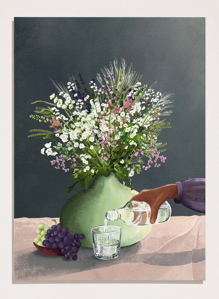 Still life with a green vase of flowers, grapes, and a glass being filled with a bottle. Frivolous Afternoon by Goed Blauw is a modern still life art print and wall poster featuring wildflowers, grapes, and a quiet pouring moment in soft, muted tones.