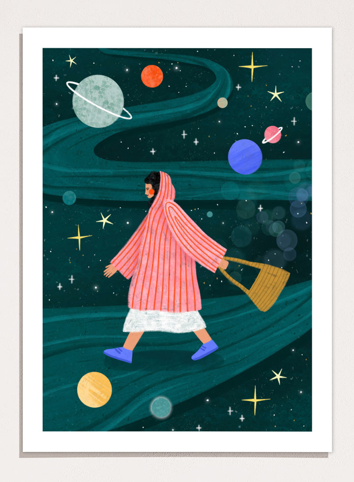 Shop Dreamy Space Walk by Bea Müller, a figurative wall art print poster featuring a woman walking through a whimsical outer space landscape in deep green tones.