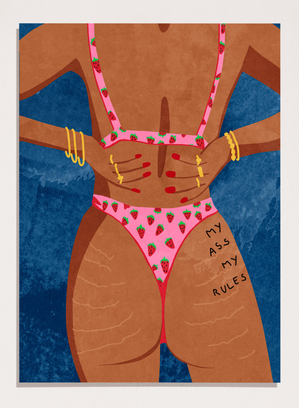 Illustration of a person wearing a pink bikini with strawberry pattern against a blue background. My Ass My Rules by Raissa Oltmanns is a modern woman portrait art print featuring a bold bikini illustration and confident statement wall poster.