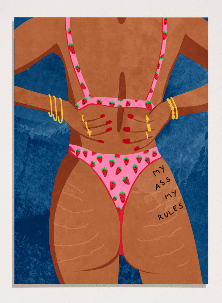 Illustration of a person wearing a pink bikini with strawberry pattern against a blue background. My Ass My Rules by Raissa Oltmanns is a modern woman portrait art print featuring a bold bikini illustration and confident statement wall poster.