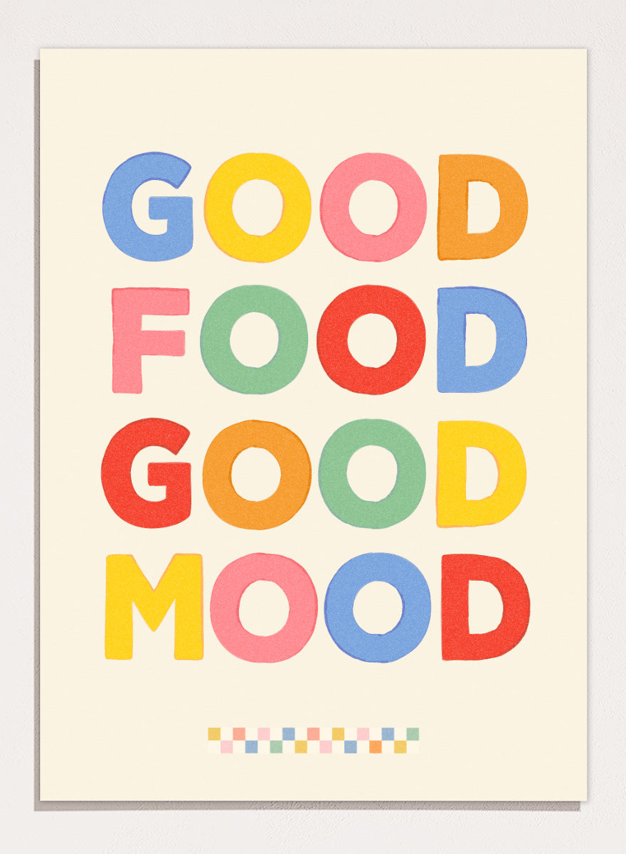 Shop Good Food Good Mood by Dominique Vari, a colorful kitchen wall art print poster featuring playful retro typography and a cheerful food-inspired message.