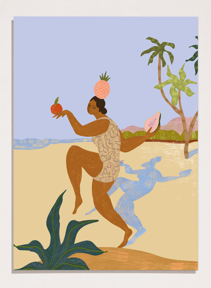 Illustration of a person holding fruits with a stylized landscape in the background. Balancing Act by Arty Guava is a colorful figurative art print featuring tropical motifs, playful symbolism, vibrant colors, and whimsical contemporary storytelling.