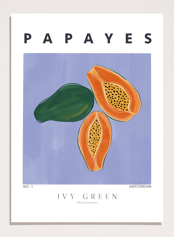 Illustration of papayas and a leaf on a blue background with 'Papayes' text at the top. Papayes by Ivy Green fruit art print featuring papaya illustration, modern food poster design, and colorful contemporary kitchen wall art.