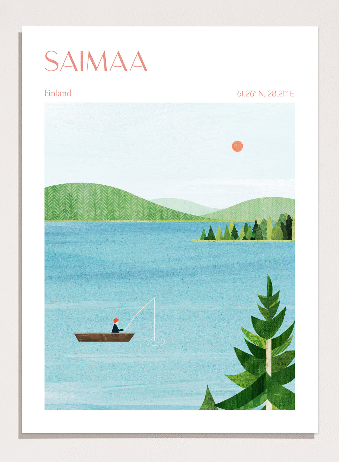 Illustration of a lake scene with a person fishing, surrounded by greenery and mountains, with 'Saimaa, Finland' text at the top. Calm Saimaa Lake Fishing by Longwayhome is a minimalist Scandinavian landscape art print featuring peaceful Finland lake scenery, forest views, and modern Nordic design.