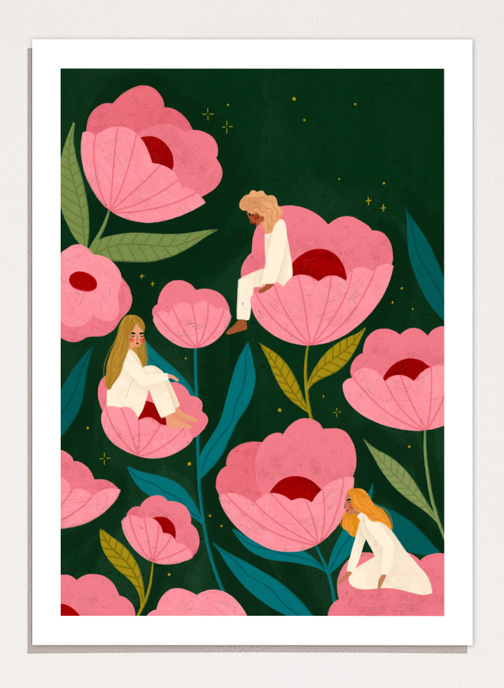 Shop Calm Women in Flowers by Bea Müller, a figurative floral wall art print poster featuring women among oversized pink flowers in a dreamy garden.