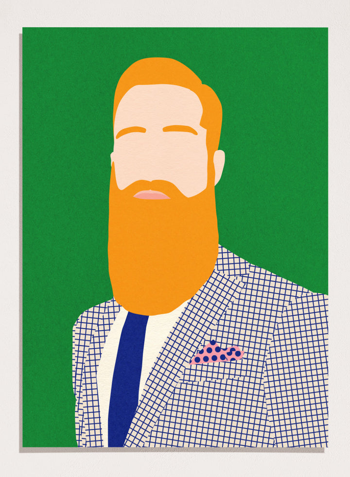 Illustration of a man with a beard wearing a checkered jacket and blue tie on a green background. Men From Barber Shop by Rosi Feist is a bold minimalist portrait art print with modern pop color, Bauhaus design, officially licensed fine art poster.