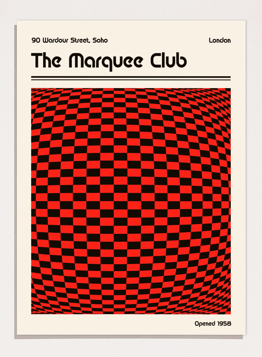 A poster-style graphic for The Marquee Club with a large red-and-black checkered optical illusion panel, black text reading &