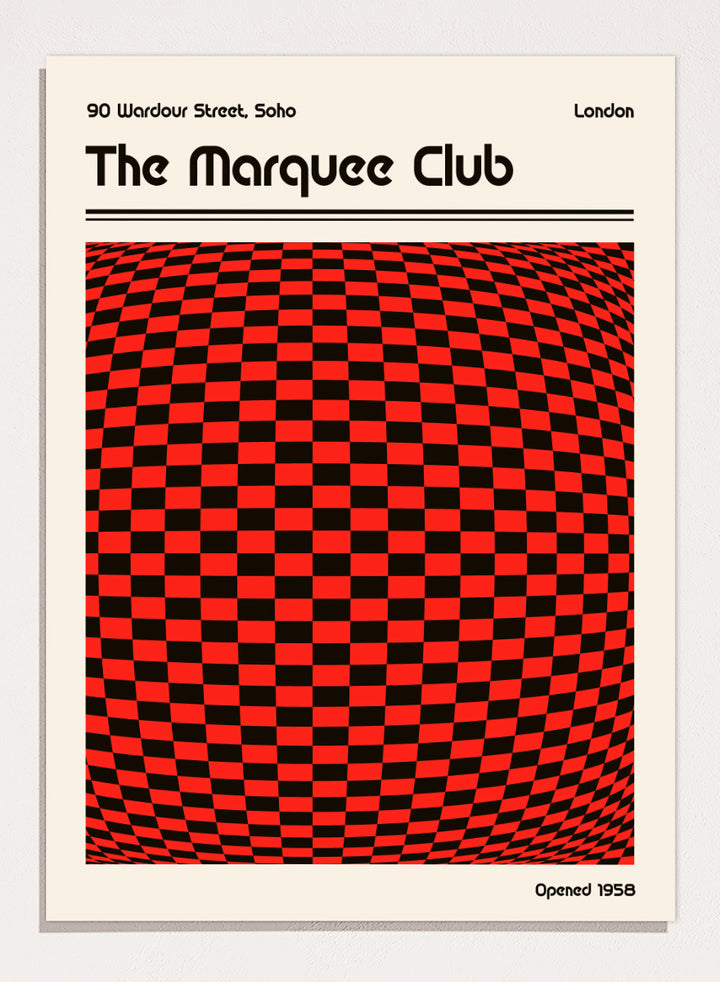 A poster-style graphic for The Marquee Club with a large red-and-black checkered optical illusion panel, black text reading &