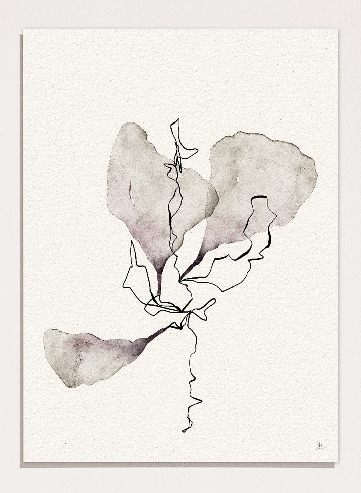 Shop Delicate Botanical Study by Ankie Kooi, a modern botanical wall art print poster with minimalist flower line art, abstract florals, soft taupe, and dusty lavender.