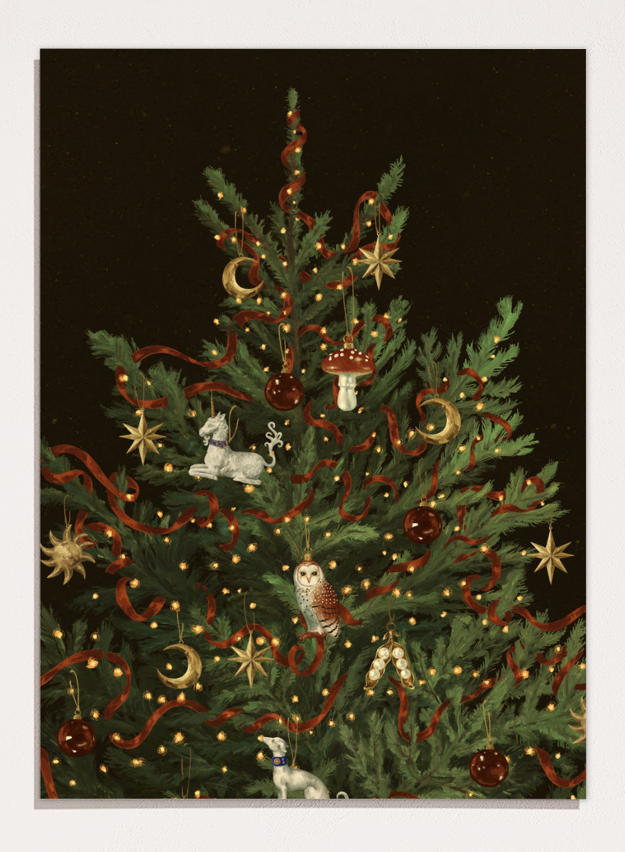 Shop Whimsical Christmas Tree by NKTN, a festive Christmas wall art print poster featuring woodland ornaments, red ribbon, stars, moons, and glowing lights.