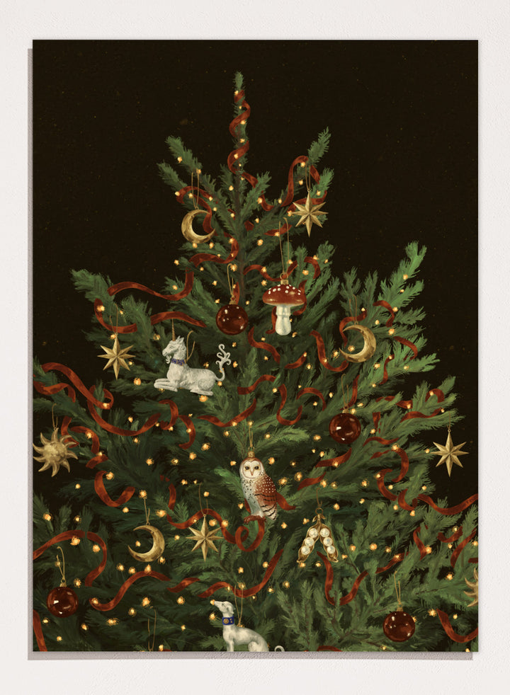 Shop Whimsical Christmas Tree by NKTN, a festive Christmas wall art print poster featuring woodland ornaments, red ribbon, stars, moons, and glowing lights.
