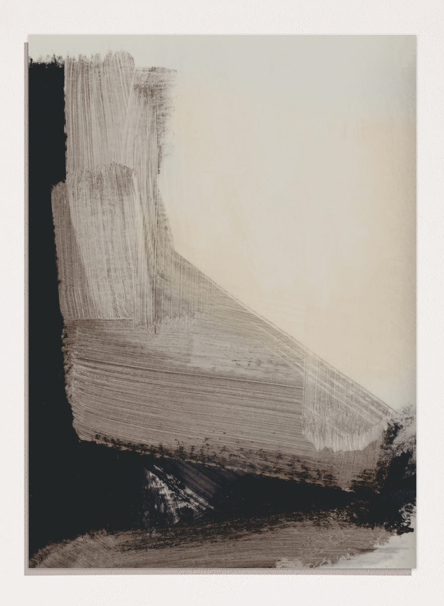 Shop Mellow No. 02 by Dan Hobday, a contemporary abstract art print featuring taupe, cream, and black forms with bold layered brush texture.