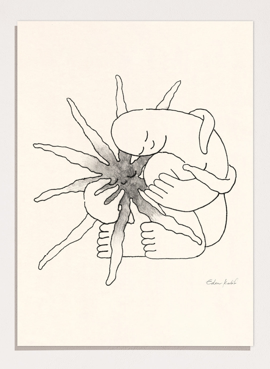 Black and white line art of a person embracing a sun figure on a beige background. Sunshine Love by Eden Kalif is a modern line art print featuring a figure holding a sun in a minimalist contemporary wall poster design.