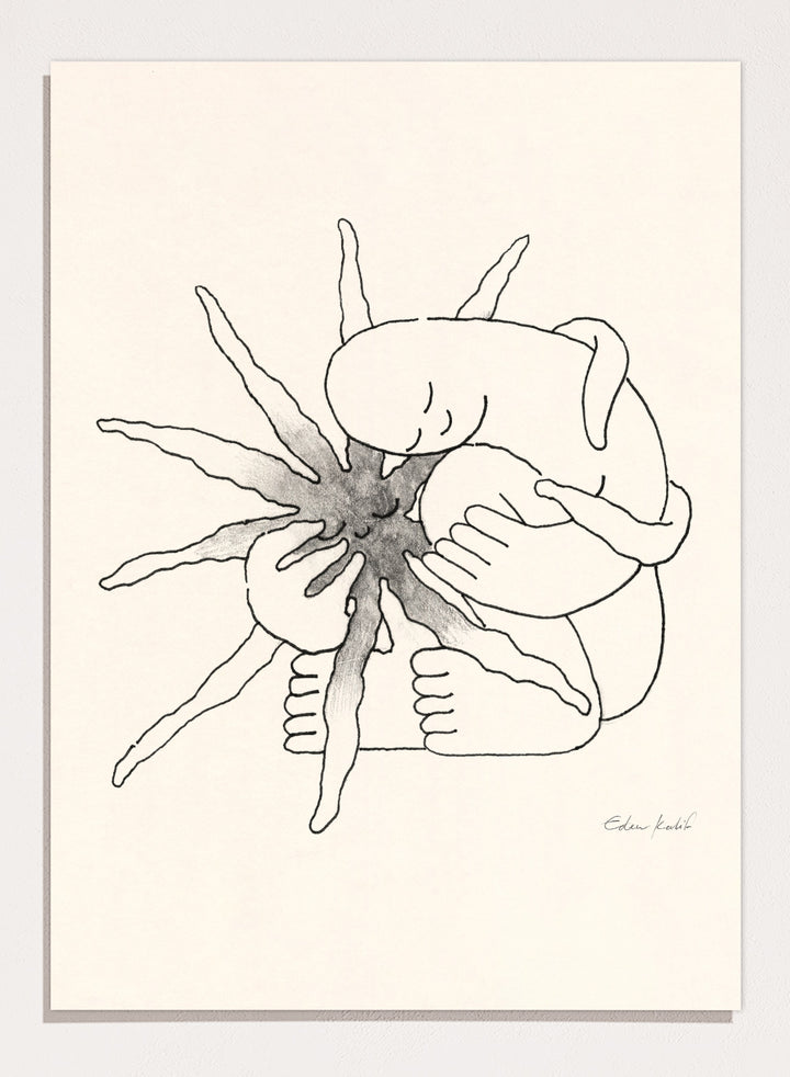 Black and white line art of a person embracing a sun figure on a beige background. Sunshine Love by Eden Kalif is a modern line art print featuring a figure holding a sun in a minimalist contemporary wall poster design.