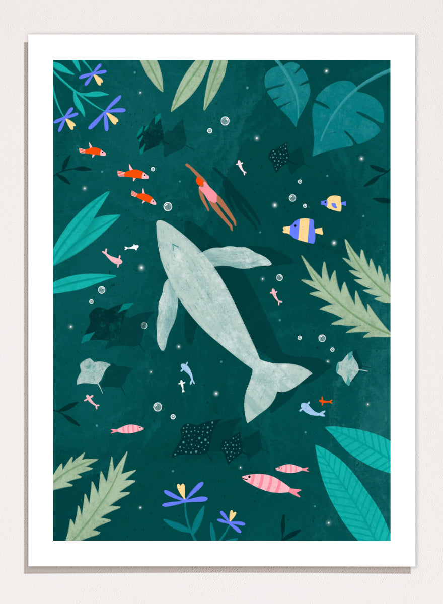 Shop Peaceful Ocean Encounter by Bea Müller, an ocean wall art print poster featuring a swimmer, whale, tropical fish, and whimsical underwater scenery in teal.