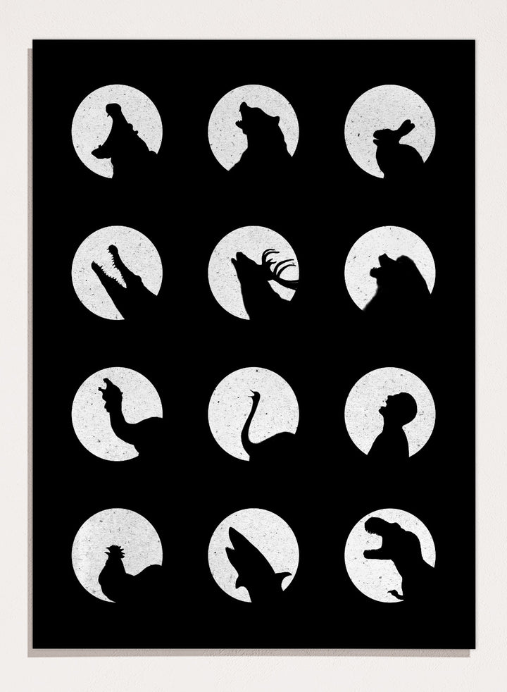 White silhouette of a dog howling at the moon pattern on a black background. Moonlit Wild Silhouettes by Florent Bodart is a minimalist animal silhouette art print with moon phases, a modern black wall poster with bold graphic design.
