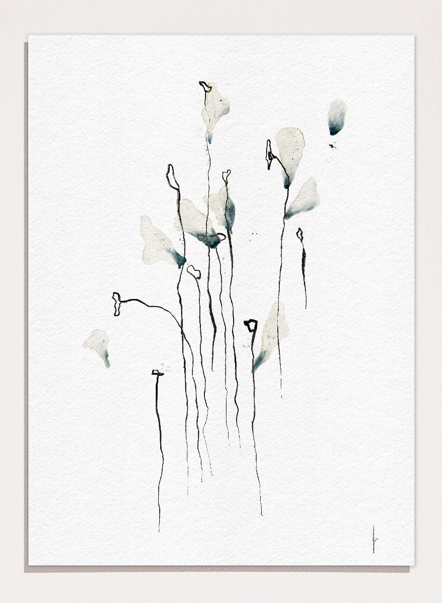Minimalist watercolor floral art print featuring delicate calla lily-like stems and leaves in soft gray-green and black on textured white paper. Shop Delicate Abstract Flowers by Ankie Kooi, a modern floral wall art print poster with minimalist line art, abstract botanicals, soft blue, and green tones.