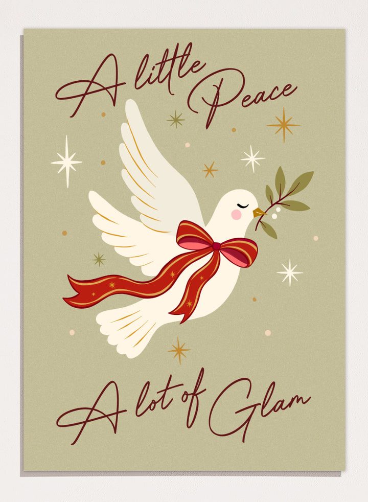 Shop Peace And Glam Dove by Dominique Vari, a festive dove wall art print poster featuring a red bow, olive branch, retro stars, and playful holiday typography.