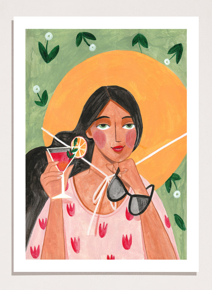 Illustration of a woman holding a cocktail and sunglasses with a sun and foliage background. Summer Woman Cocktail Hat by Caroline Bonne Müller is a fine art print and wall poster featuring a woman holding a cocktail with a bold yellow hat and bright summer colors.