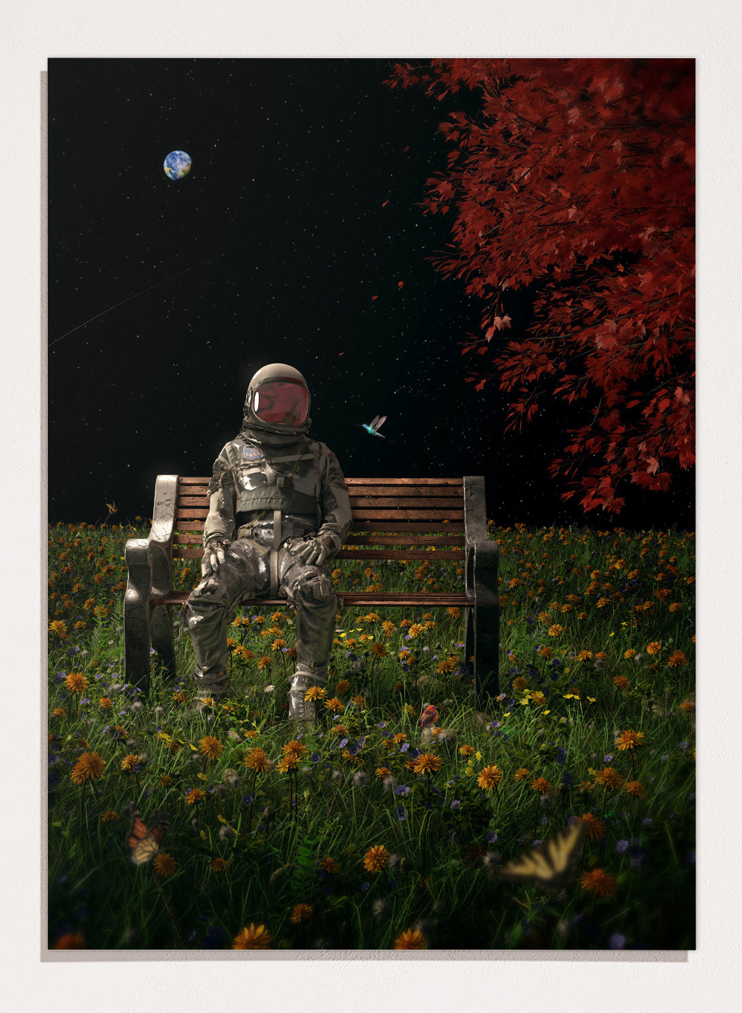 Person in astronaut suit sitting on a bench in a garden with flowers and trees at night. Astronaut Space Garden by Nicebleed is a surreal space art print featuring an astronaut on a bench in a floral field under stars, modern aesthetic wall poster.