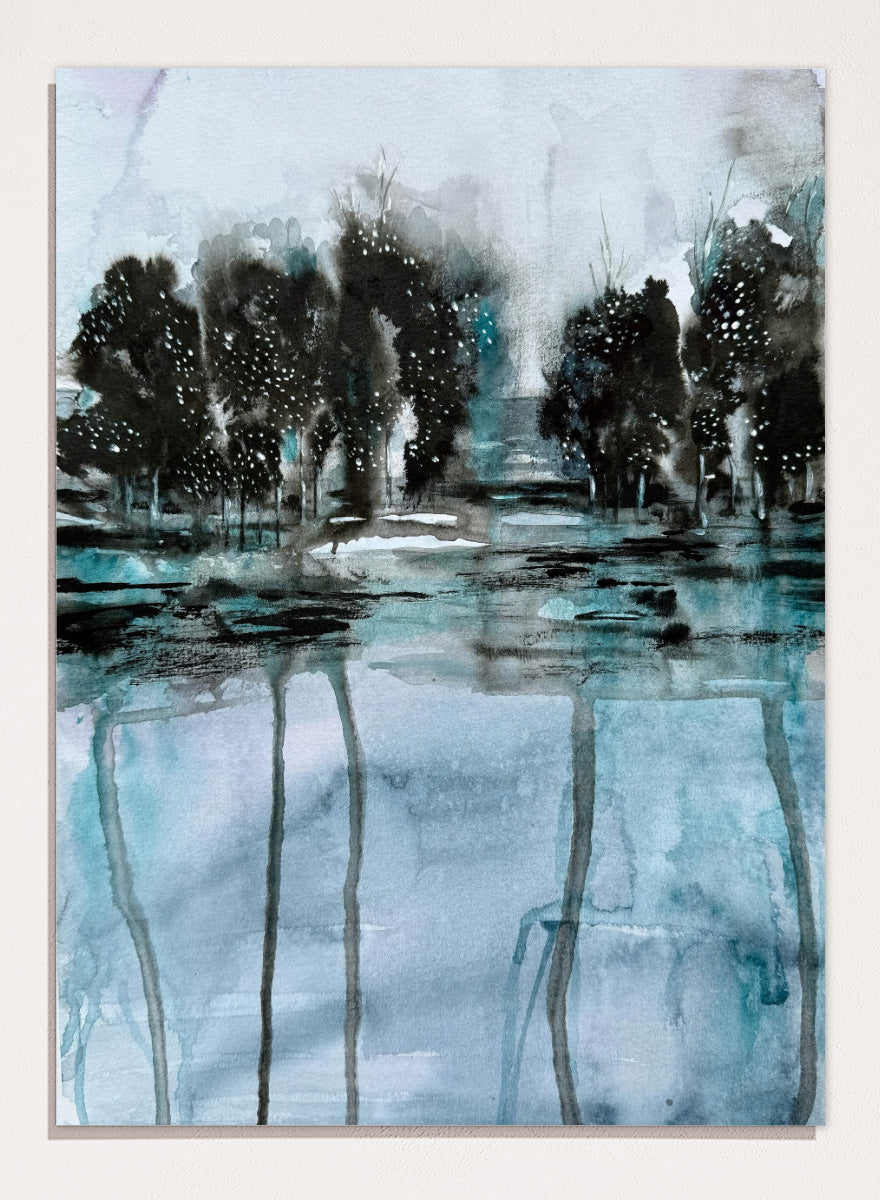 Shop Dark Forest Reflection by Helena Ryhle, a moody watercolor landscape wall art print poster featuring dark trees, reflective water, and deep blue-green tones.