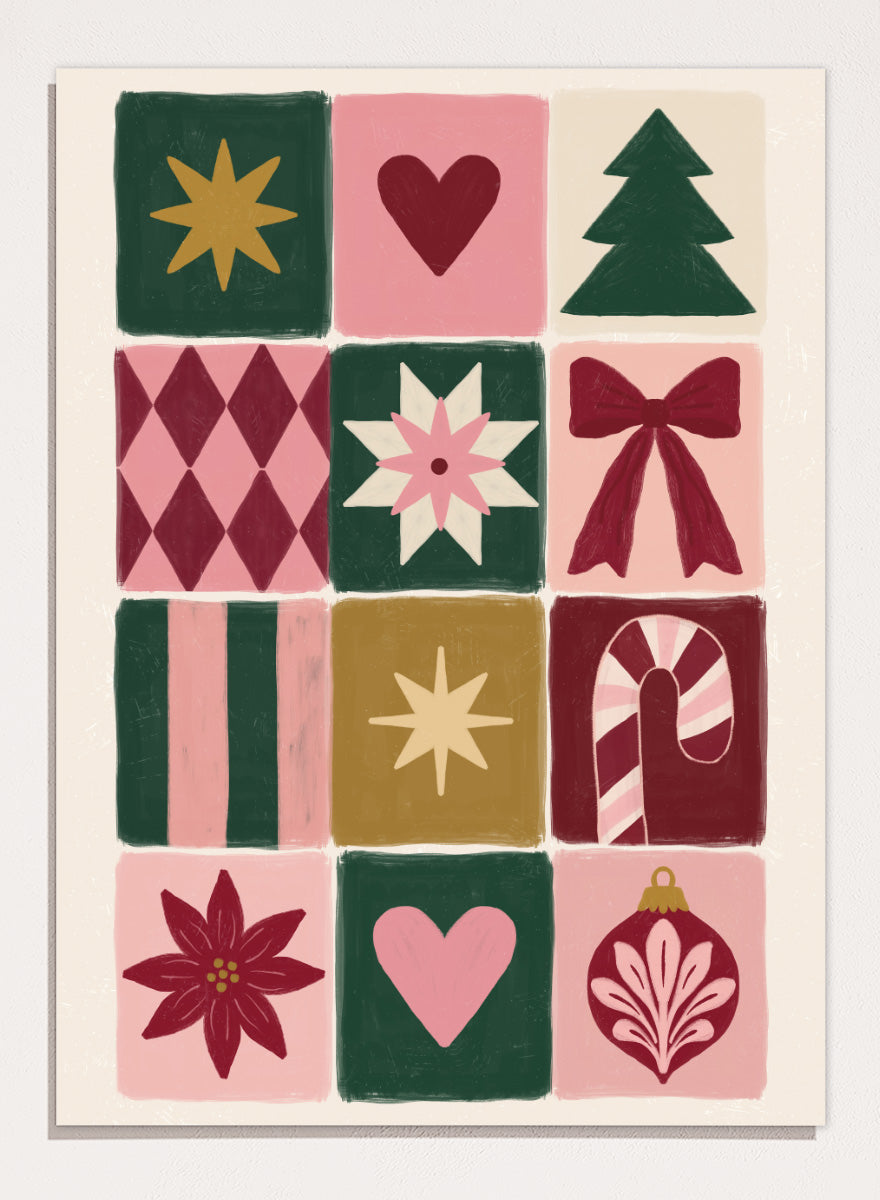 Shop Festive Christmas Grid by Katarzyna Gąsiorowska, a Christmas wall art print poster featuring a tree, bow, candy cane, poinsettia, ornament, and holiday motifs.