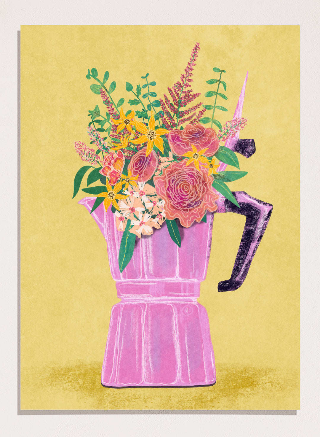 Colorful floral arrangement in a pink vase on a yellow background. Espresso Maker with Flowers by Raissa Oltmanns is a modern floral fine art print featuring a pink moka pot vase still life and bold kitchen wall decor poster.