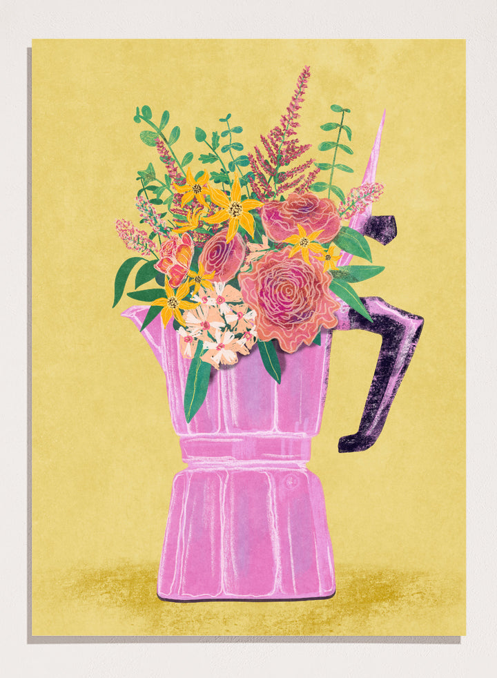 Colorful floral arrangement in a pink vase on a yellow background. Espresso Maker with Flowers by Raissa Oltmanns is a modern floral fine art print featuring a pink moka pot vase still life and bold kitchen wall decor poster.