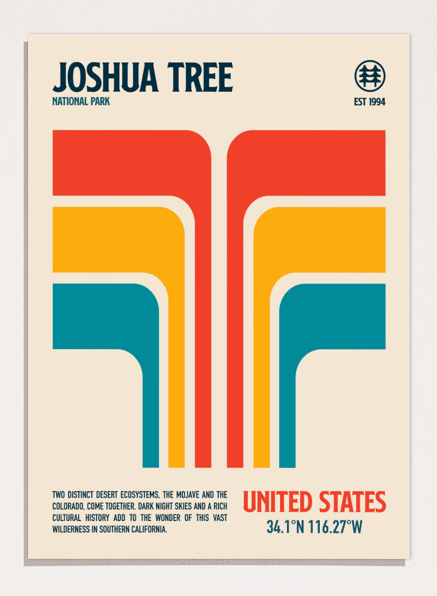 A retro-style poster for Joshua Tree National Park with bold geometric shapes in red, orange, yellow, and teal on a cream background, plus text reading &