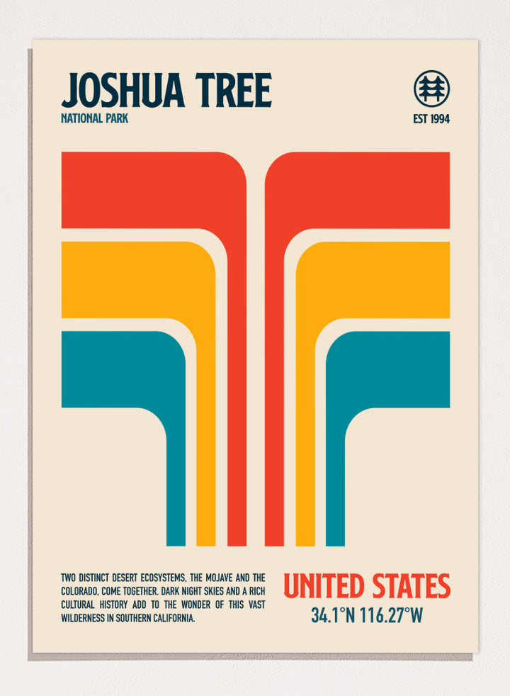 A retro-style poster for Joshua Tree National Park with bold geometric shapes in red, orange, yellow, and teal on a cream background, plus text reading &