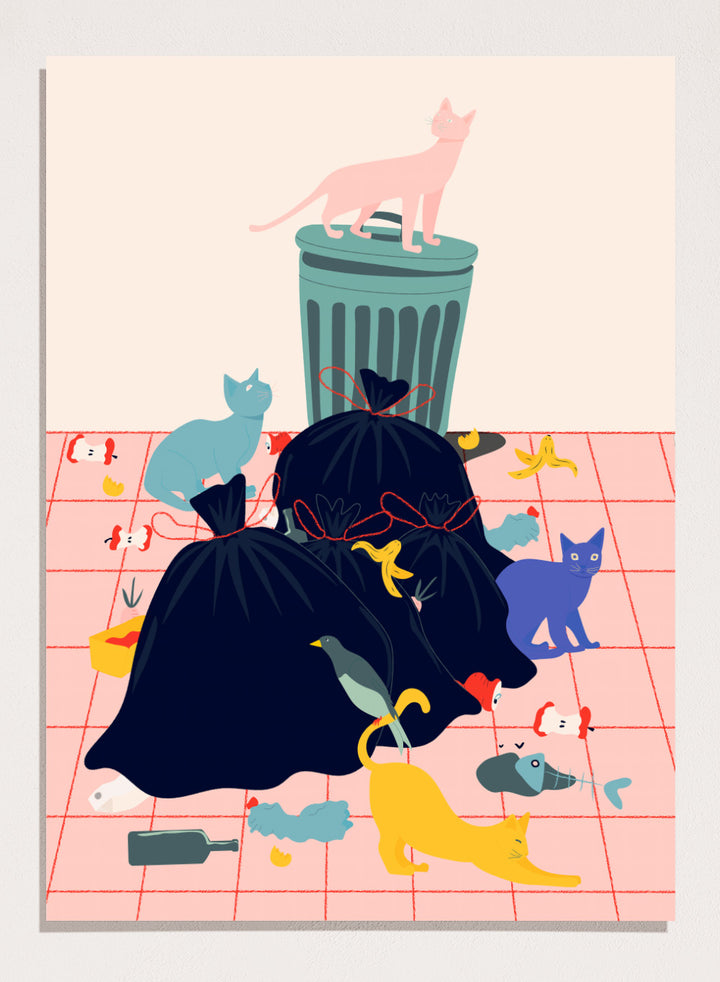 Illustration of a trash can and cats on a pink grid background. Cats by Jota de Jai is a funny modern wall art print featuring colorful cats taking over a messy room. Officially licensed fine art poster with optional wood frame.