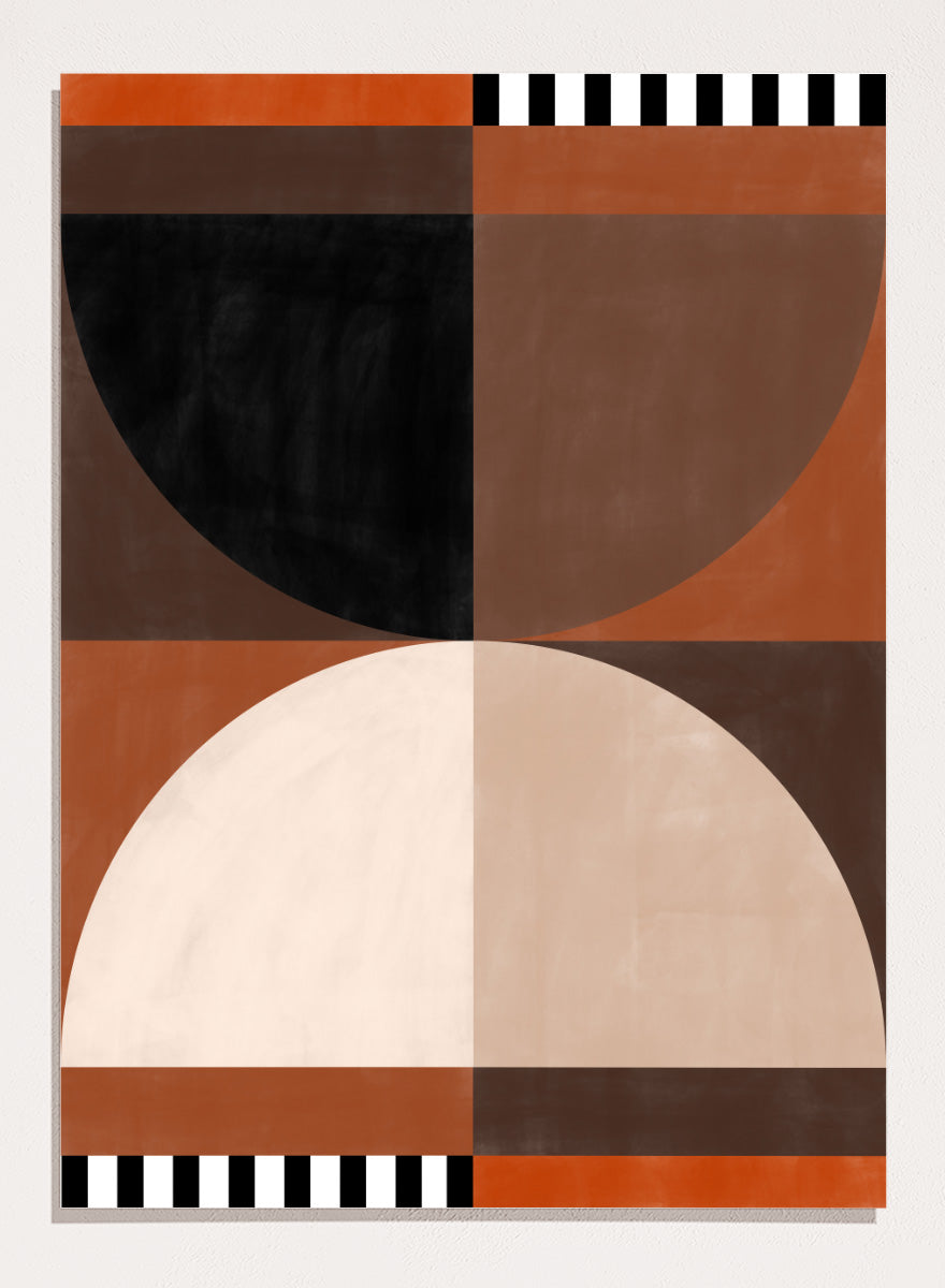 Shop Geometric Earth Tones 02 by Elena Ristova, a modern abstract wall art print poster featuring bold circles, striped accents, and warm rust tones.