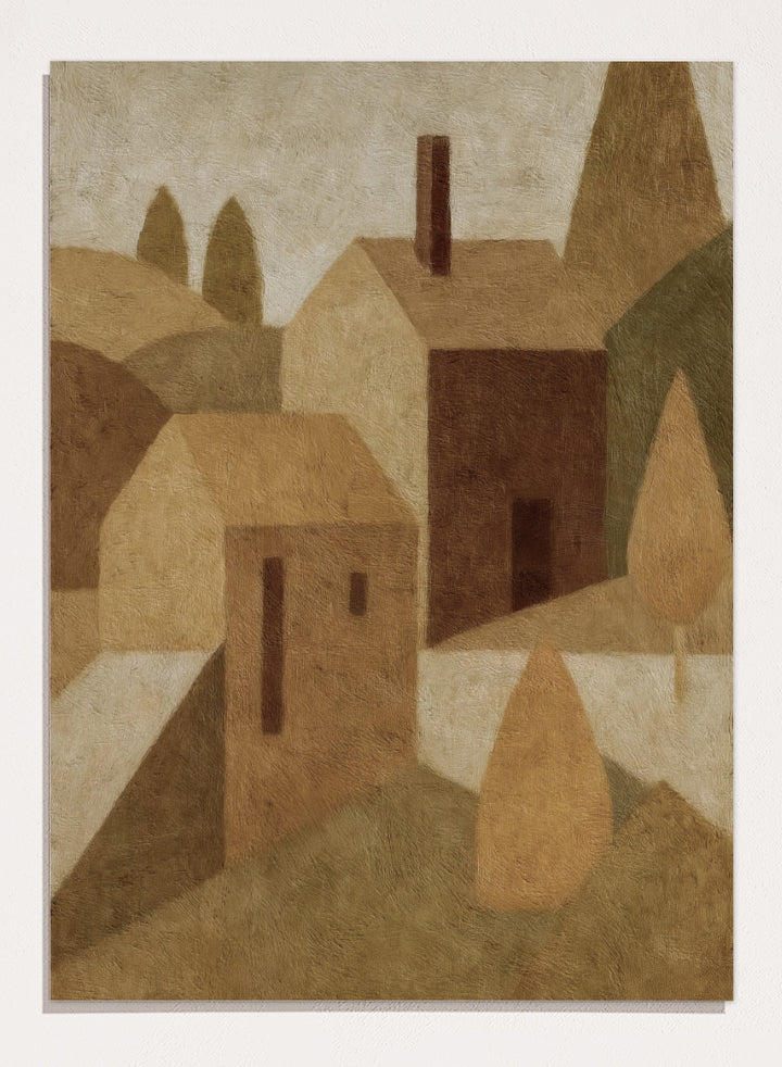 An abstract cubist-style landscape painting featuring geometric houses, trees, and hills in muted beige, brown, tan, and olive tones. Shop Cottage by Dan Hobday, a contemporary landscape painting art print featuring abstract village cottages, tall trees, layered hills, and warm earthy tones.