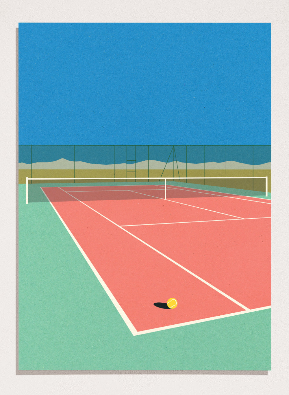 Illustration of a tennis court with a ball on the ground and mountains in the background. Tennis Court in the Desert by Rosi Feist is a modern minimalist fine art print of a pink tennis court in a surreal desert landscape. Officially licensed wall poster with optional artisan framing.