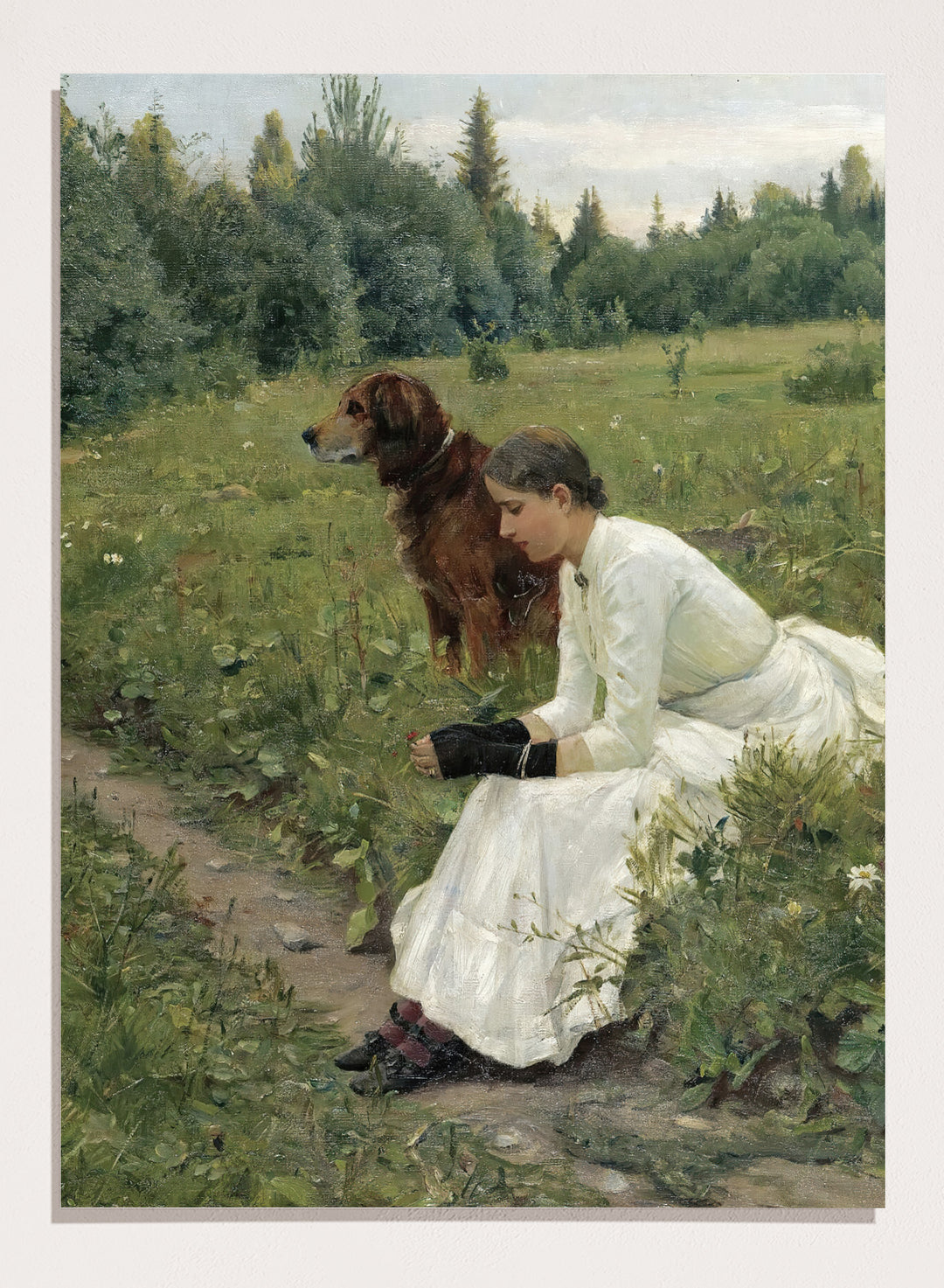 Idyll by Gerhard Munthe is a vintage Norwegian landscape print featuring a woman in a white dress resting with her dog in a green summer meadow.
