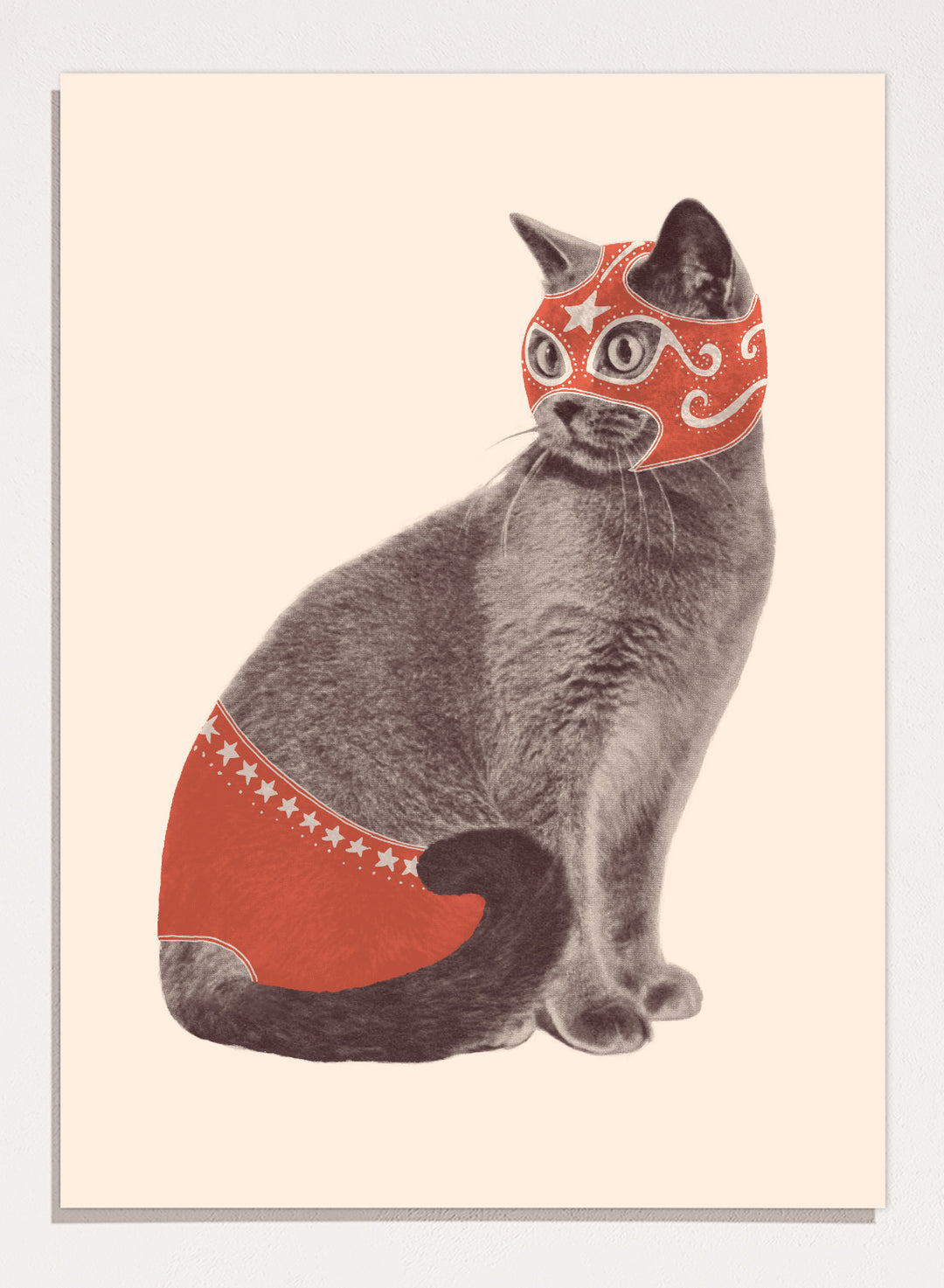 Cat wearing a red mask and underwear on a beige background. Funny Luchador Cat by Florent Bodart is a playful cat art print with bold red mask, a modern wall poster with humorous and surreal animal design.