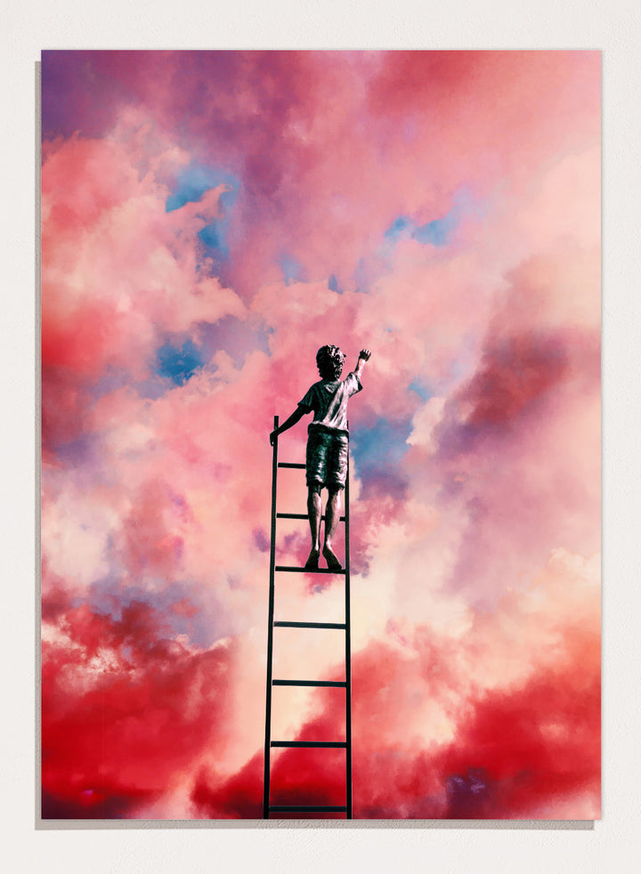 Person standing on a ladder against a colorful cloud sky. Cloud Painter by Taudalpoi surreal ladder to sky art print with pink clouds and dreamlike cosmic atmosphere, retro inspired collage poster wall art.