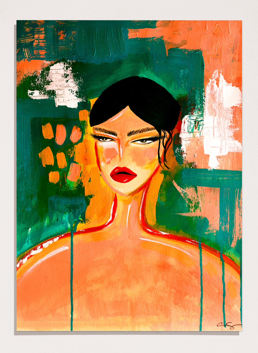 Abstract painting of a woman's face with bold colors and textures. Bold Abstract Woman by Amy Straley is a contemporary figurative art print featuring expressive portraiture, abstract brushwork, and vibrant modern color.