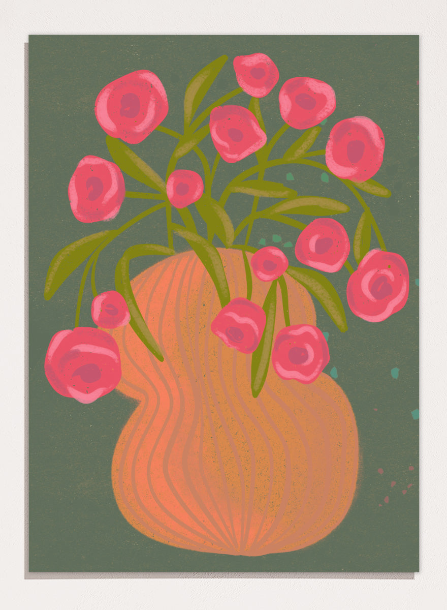 Shop Pink Flowers Orange Vase by Nikita Jariwala, a floral wall art print poster with bold pink blooms, an orange vase, olive stems, and deep green tones.