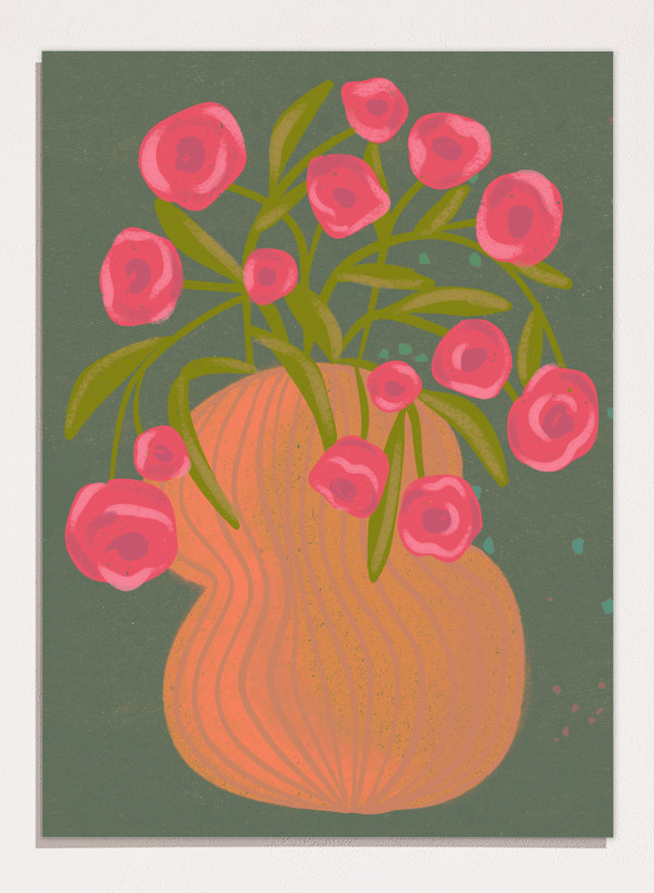 Shop Pink Flowers Orange Vase by Nikita Jariwala, a floral wall art print poster with bold pink blooms, an orange vase, olive stems, and deep green tones.