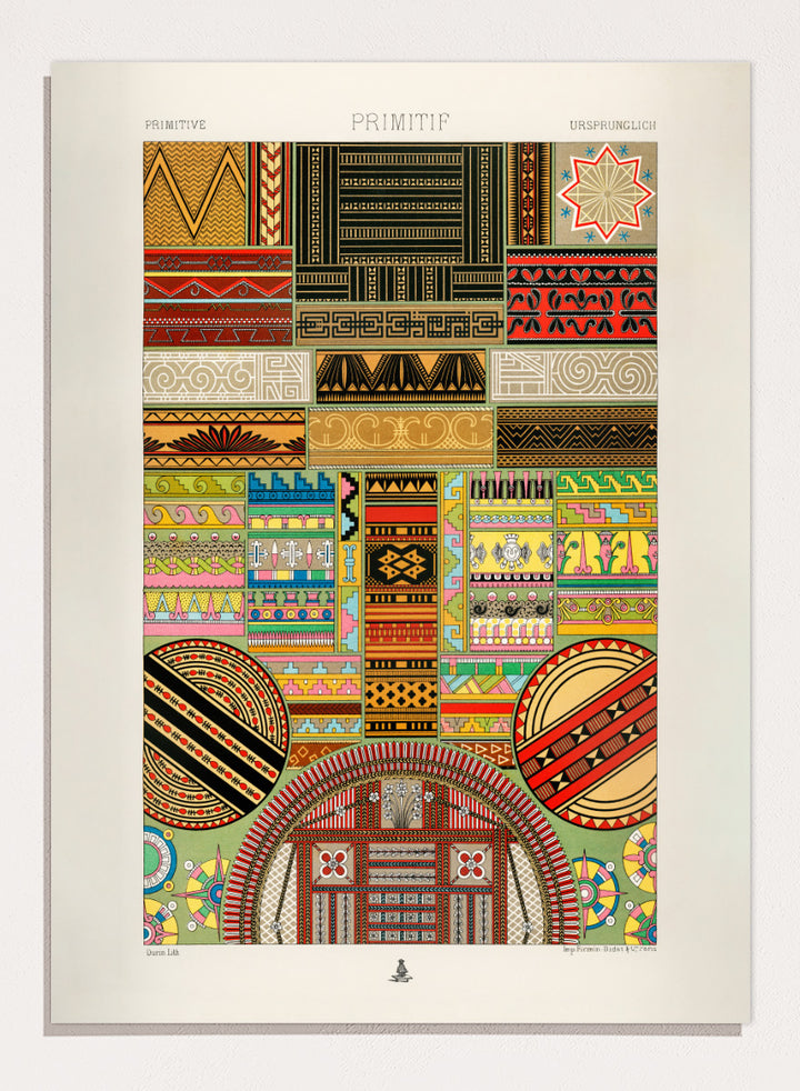 Primitive Pattern by Albert Racinet vintage art print featuring colorful geometric, floral and decorative motifs from the 1888 edition of L’Ornement Polychrome.