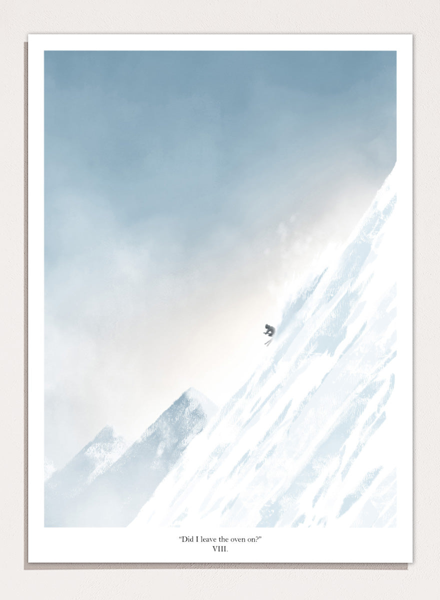 A framed art print featuring a minimalist illustration of a skier on a snowy mountain slope under a pale blue sky, with the text &