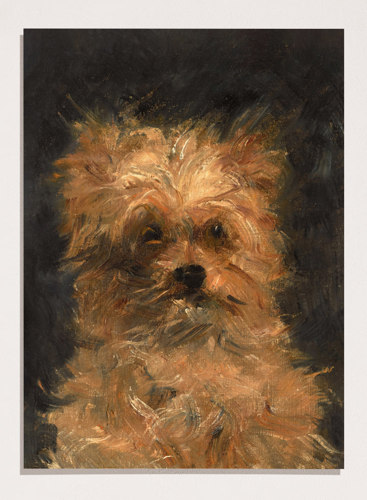 A painted portrait of a small fluffy dog, likely a terrier mix, rendered in warm tan, cream, and brown brushstrokes against a dark charcoal background. Head of the Dog "Bob" by Édouard Manet is a vintage dog portrait print featuring a scruffy terrier&