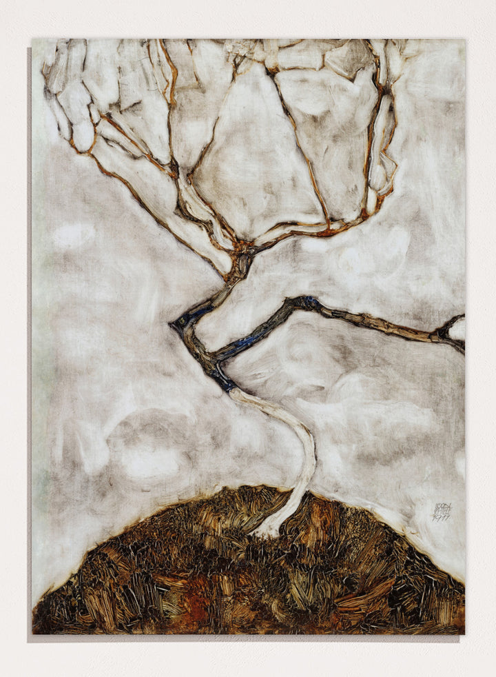 Shop Small Tree in Late Autumn by Egon Schiele, a vintage Expressionist wall art print poster featuring a bare autumn tree in soft cream tones.
