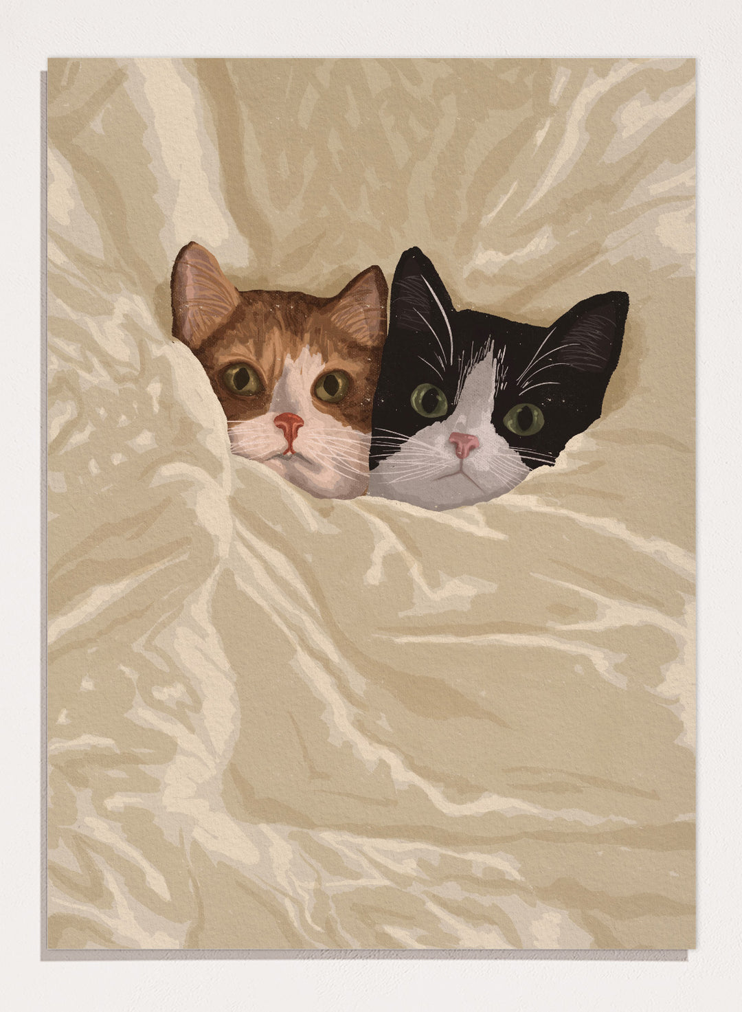 A stylized illustration of two cats peeking out from under a rumpled cream-colored blanket. The cat on the left is orange and white, and the cat on the right is black and white.  Cozy Cats Peeking Out by Lisa Solomoniuk premium framed fine art print featuring two cats tucked into soft cream bedding with wide-eyed expressions.