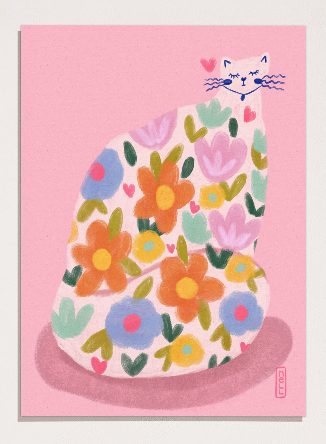 Whimsical Flower Cat by Dirkie Nell is a colorful cat art print featuring playful floral patterns, pastel tones, and modern hand painted aesthetic wall art.
