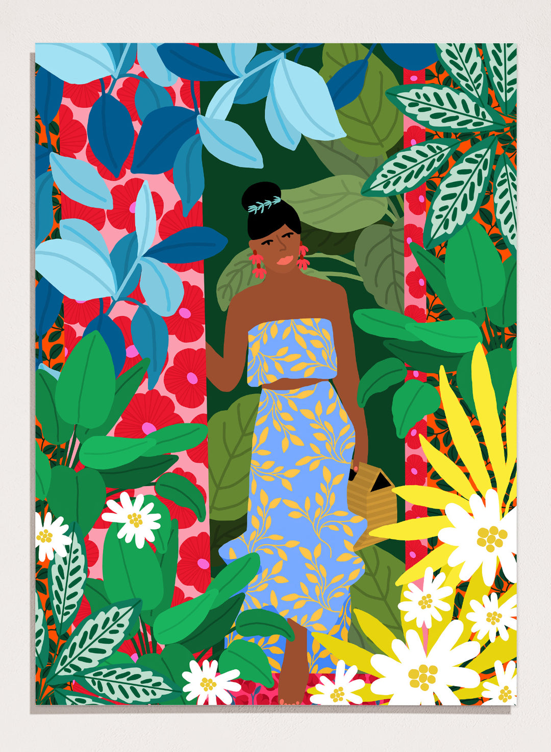 Woman in a blue dress surrounded by colorful foliage and flowers. Woman In A Dress With Flowers by Rafaela Mascaro is a vibrant botanical art print featuring lush foliage, colorful florals, decorative patterns, and tropical charm.