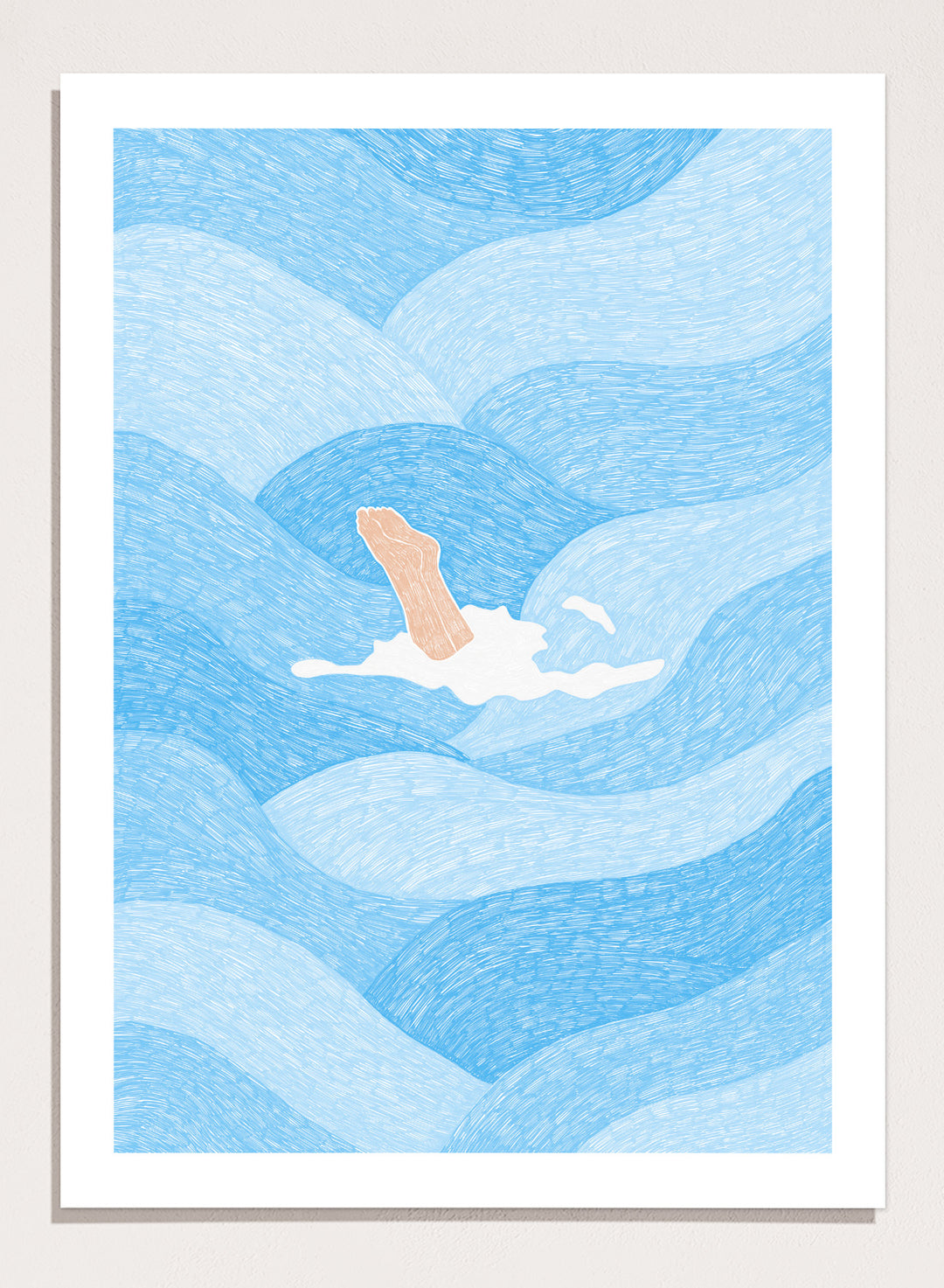 Illustration of a person swimming in blue water with a white border. Hand Reaching Blue Ocean by Rio Soléy is a modern coastal art print featuring swirling blue waves, minimalist illustration, playful design, and contemporary seaside charm.