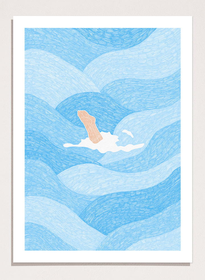 Illustration of a person swimming in blue water with a white border. Hand Reaching Blue Ocean by Rio Soléy is a modern coastal art print featuring swirling blue waves, minimalist illustration, playful design, and contemporary seaside charm.
